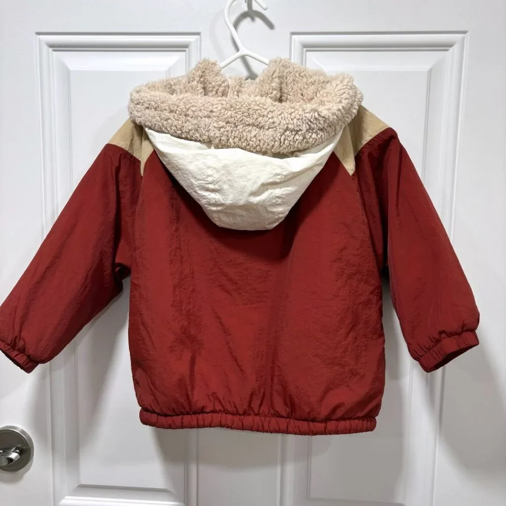 Zara Colorblock Hooded Jacket in White, Beige, Burgundy & Red